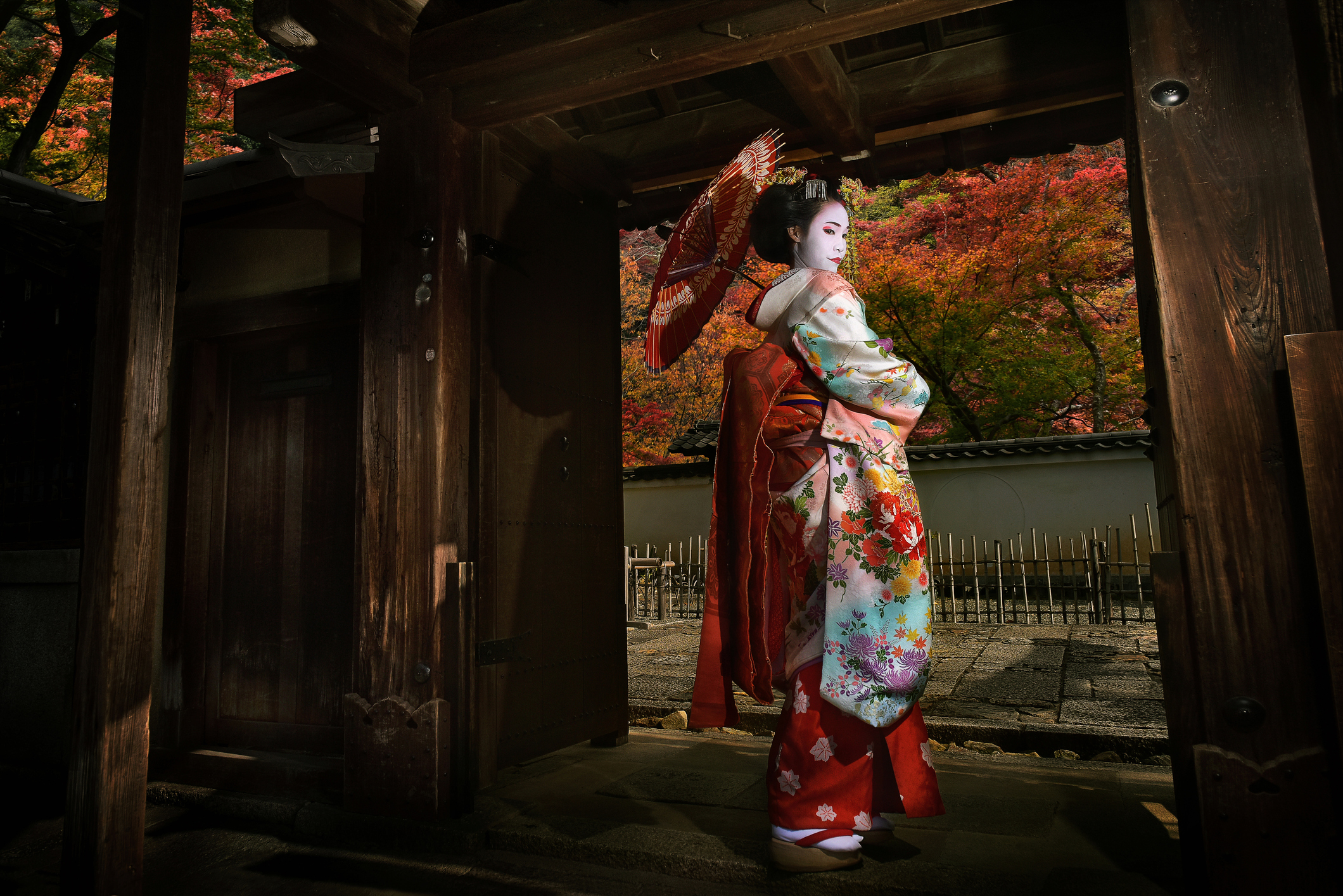 Geisha posing at the entrance of a Geisha neighbourhood in Shitamachi